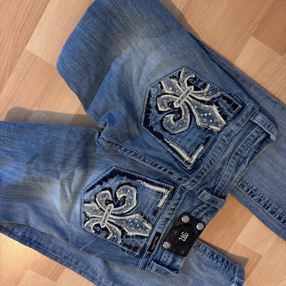 Miss Me Blue Straight Leg Jeans with Embellished Back
